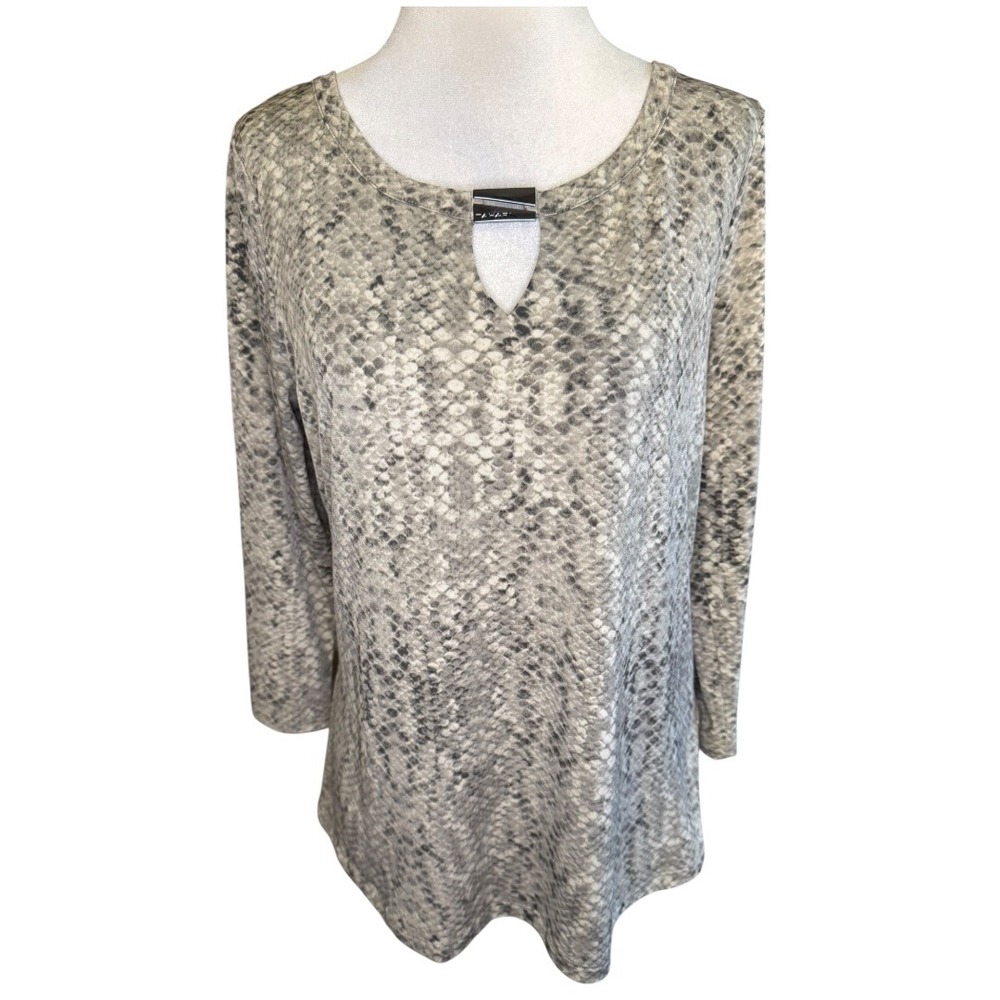 Tahari Womens Grey Snakeskin Print‎ Keyhole Neck 3/4 Sleeve Blouse Top Small